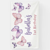 Roze Paarse Bloemen Vlinder Meisje 1e Verjaardag Spandoek (Verticaal)