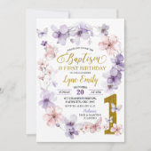 Roze Paarse Bloemen Vlinderdoop 1e verjaardag Kaart (Voorkant)