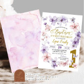 Roze Paarse Bloemen Vlinderdoop 1e verjaardag Kaart