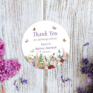 Roze Paarse Bloemen & Vlinders Dank je wel Ronde Sticker