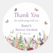 Roze Paarse Bloemen & Vlinders Dank u Ronde Sticker (Voorkant)