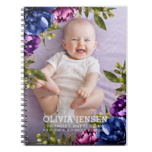 Roze Paarse Bloemen Waterverf Baby geboorte statis Notitieboek