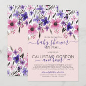 Roze Paarse Bloemen Waterverf Baby shower per post Kaart (Voorkant / Achterkant)