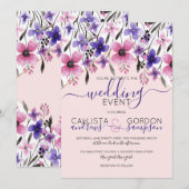 Roze Paarse Bloemen Waterverf bruiloft Kaart (Voorkant / Achterkant)