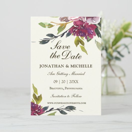Roze Paarse Bloemen Waterverf Christelijk Bruiloft Save The Date (Staand voorkant)