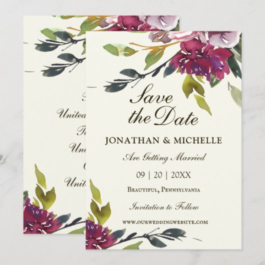 Roze Paarse Bloemen Waterverf Christelijk Bruiloft Save The Date (Voorkant / Achterkant)