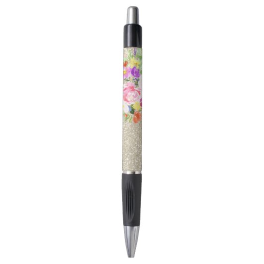 Roze Paarse Bloemen Waterverf Gouden Sparkle Pen (Voorkant Verticaal)