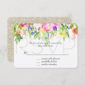 Roze Paarse Bloemen Waterverf Gouden Sparkle RSVP (Voorkant / Achterkant)