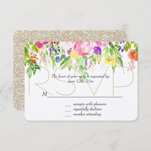 Roze Paarse Bloemen Waterverf Gouden Sparkle RSVP (Voorkant / Achterkant)