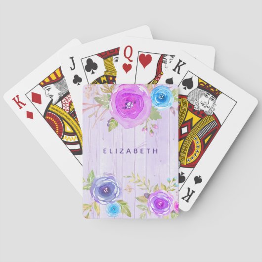Roze paarse bloemen waterverf rustiek hout land pokerkaarten (Achterkant)
