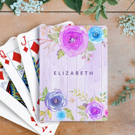 Roze paarse bloemen waterverf rustiek hout land pokerkaarten