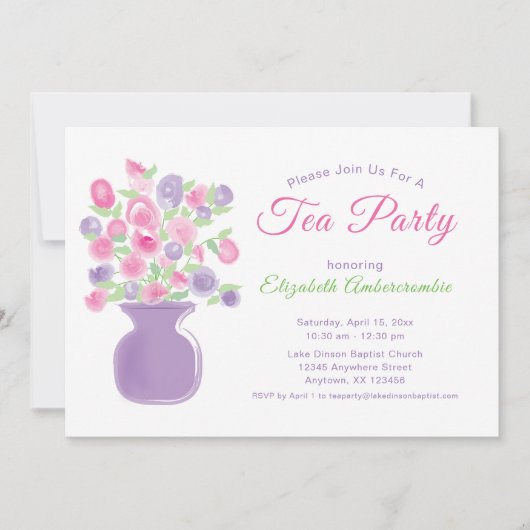 Roze & Paarse Bloemen Waterverf Tea Party Kaart (Voorkant)