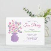 Roze & Paarse Bloemen Waterverf Tea Party Kaart (Staand voorkant)
