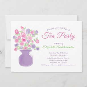 Roze & Paarse Bloemen Waterverf Tea Party Kaart