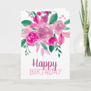 Roze paarse bloemen waterverf verjaardagsscript kaart