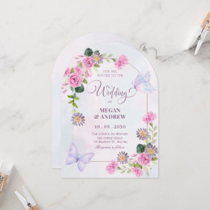 Roze paarse bloemen waterverf vlinder bruiloft kaart