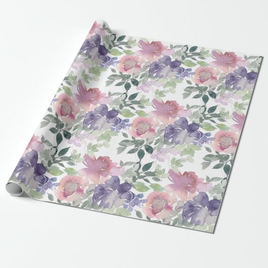 Roze Paarse Bloemen Witte Achtergrond Cadeaupapier (Uitgerold)