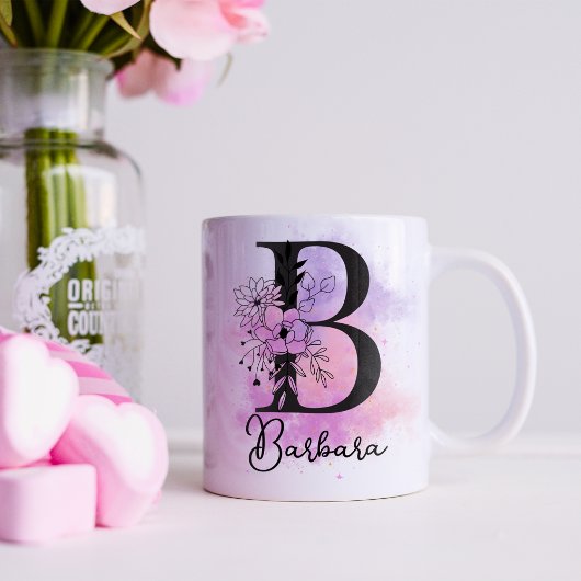 Roze Paarse Bloemen Zwart Letter Monogram B Koffiemok