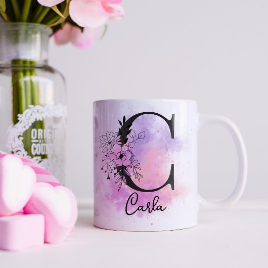 Roze Paarse Bloemen Zwart Letter Monogram C Koffiemok