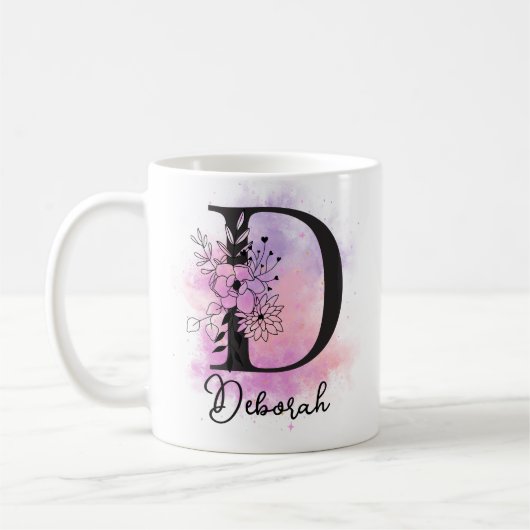 Roze Paarse Bloemen Zwart Letter Monogram D Koffiemok (Links)