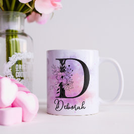 Roze Paarse Bloemen Zwart Letter Monogram D Koffiemok