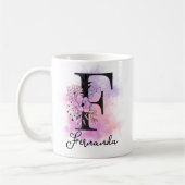 Roze Paarse Bloemen Zwart Letter Monogram F Koffiemok (Links)