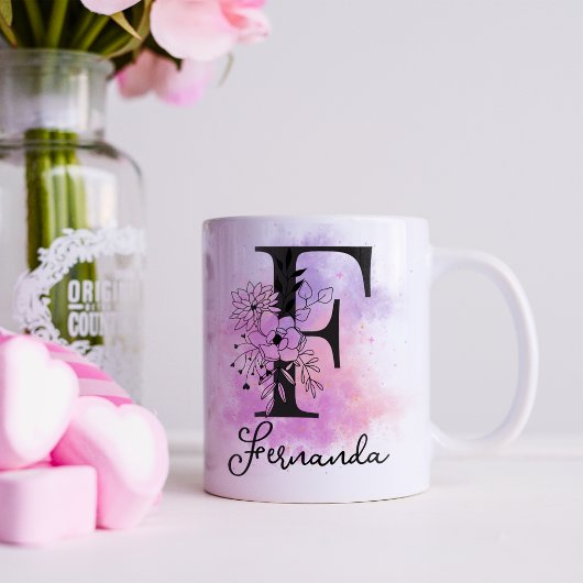 Roze Paarse Bloemen Zwart Letter Monogram F Koffiemok