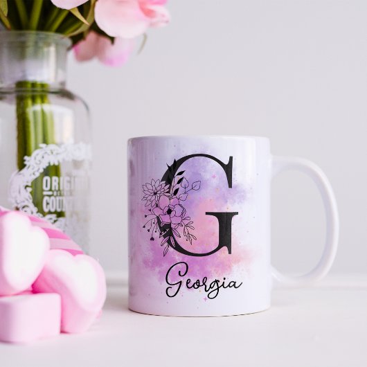 Roze Paarse Bloemen Zwart Letter Monogram G Koffiemok