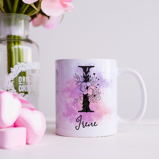 Roze Paarse Bloemen Zwart Letter Monogram I Koffiemok