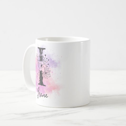 Roze Paarse Bloemen Zwart Letter Monogram I Koffiemok (Voorkant links)