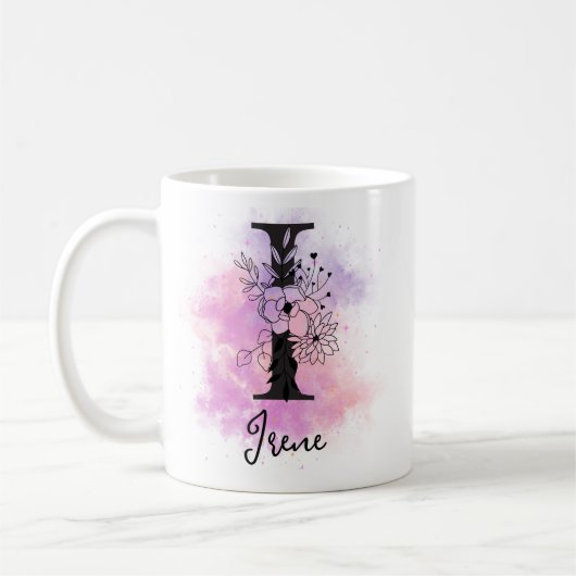 Roze Paarse Bloemen Zwart Letter Monogram I Koffiemok (Links)