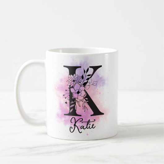 Roze Paarse Bloemen Zwart Letter Monogram K Coffee Koffiemok (Links)