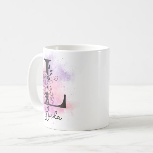 Roze Paarse Bloemen Zwart Letter Monogram L Coffee Koffiemok (Voorkant links)