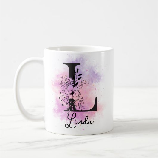Roze Paarse Bloemen Zwart Letter Monogram L Coffee Koffiemok (Links)