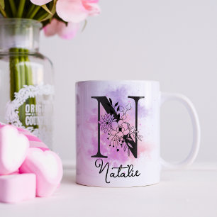 Roze Paarse Bloemen Zwart Letter Monogram N Coffee Koffiemok