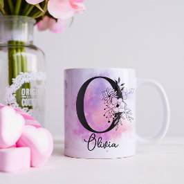 Roze Paarse Bloemen Zwart Letter Monogram O Coffee Koffiemok