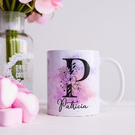Roze Paarse Bloemen Zwart Letter Monogram P Koffiemok