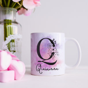Roze Paarse Bloemen Zwart Letter Monogram Q Koffiemok