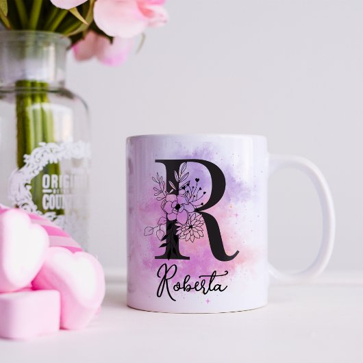 Roze Paarse Bloemen Zwart Letter Monogram R Koffiemok
