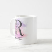 Roze Paarse Bloemen Zwart Letter Monogram R Koffiemok (Voorkant links)