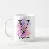 Roze Paarse Bloemen Zwart Letter Monogram V Koffiemok (Links)