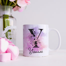 Roze Paarse Bloemen Zwart Letter Monogram Y Koffiemok