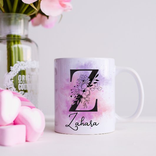 Roze Paarse Bloemen Zwart Letter Monogram Z Koffiemok