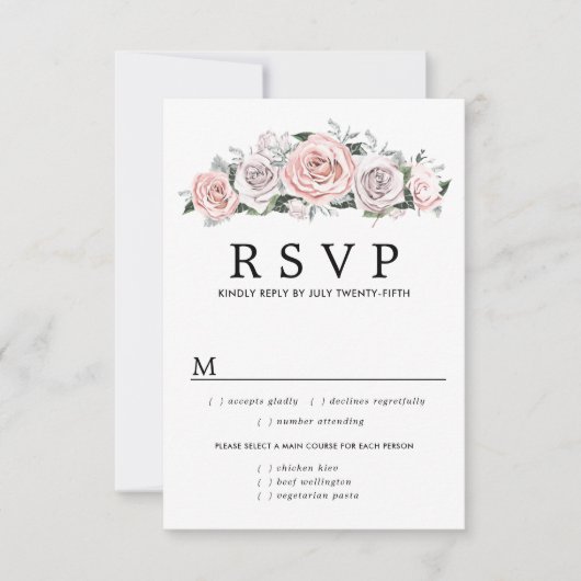 Roze Paarse Bloemenbruiloft RSVP Kaart, Maaltijdop (Voorkant)
