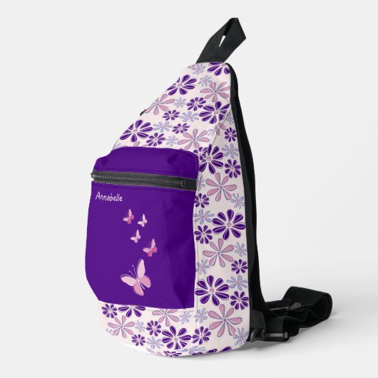 Roze Paarse bloemendoedelpatroon Sling Bag (Rechterhoek)
