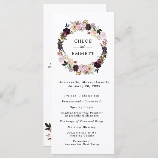 Roze Paarse bloemenkrans trouwceremonie Programmakaart (Voorkant / Achterkant)