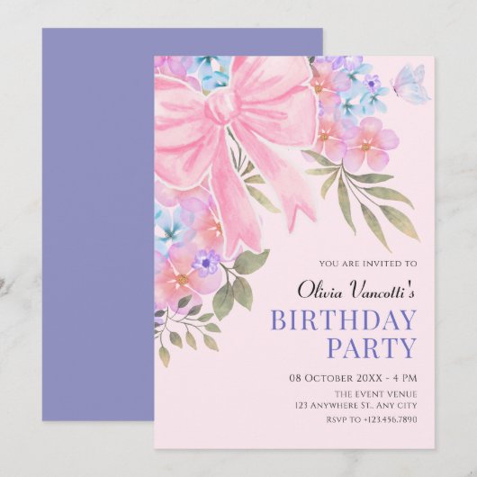 Roze paarse bloemenslinger verjaardag kaart (Voorkant / Achterkant)