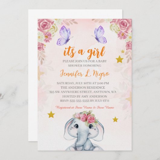 Roze Paarse Bloemenvlinder EN elophant Kaart (Voorkant / Achterkant)