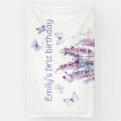 Roze paarse bloemenvlinder jarig spandoek (Verticaal)