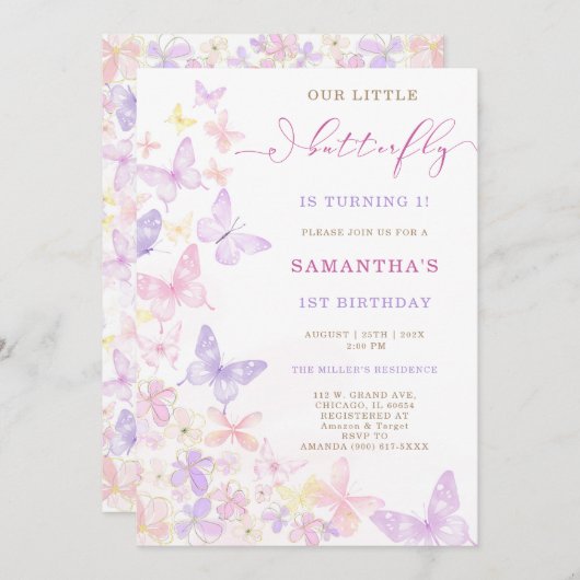 Roze Paarse Bloemenvlinder Verjaardag Kaart (Voorkant / Achterkant)